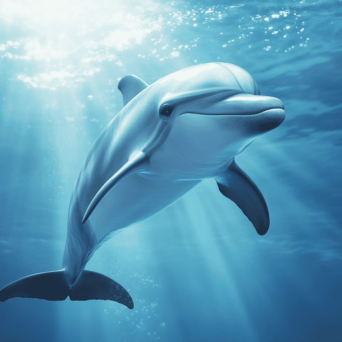 A dolphin leaping toward the glowing moon, its silhouette shining against the bioluminescent ocean waves.