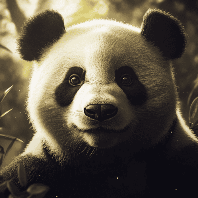 A majestic Giant Panda sitting in a bamboo forest, symbolizing wisdom and balance