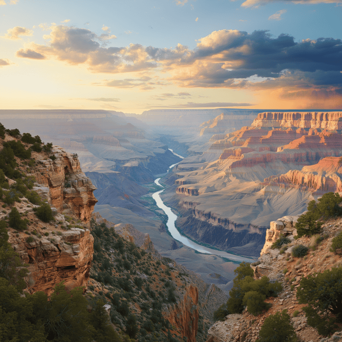 The Grand Canyon at sunrise, glowing with shades of red and gold, symbolizing the legend of Kaibá, the Guardian of Time.