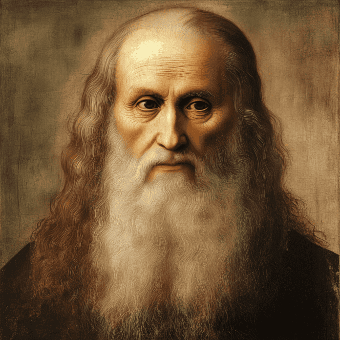 Leonardo da Vinci, the visionary dreamer, sketching his flying machine.