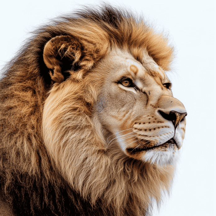 A majestic African lion standing tall at sunset, symbolizing silent strength and wisdom.