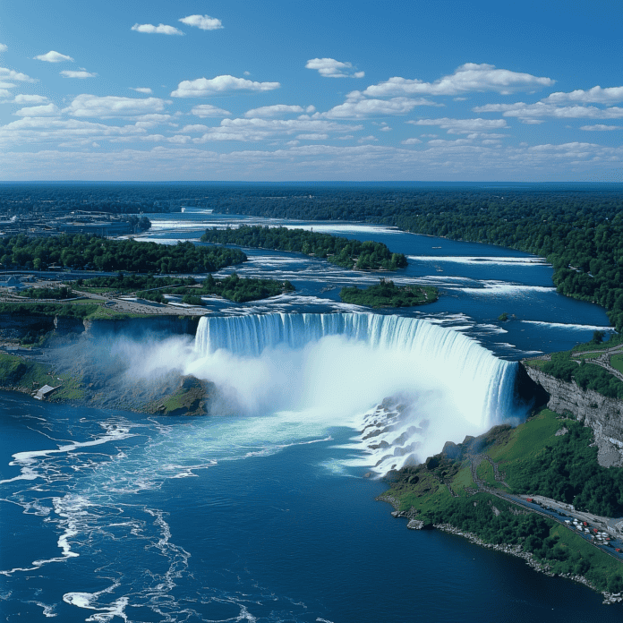 Lelawala, the Maiden of Niagara, standing in the mist as the spirit of the falls watches over her.