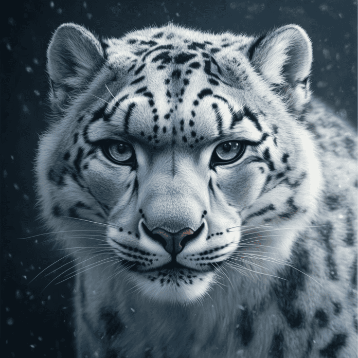 A snow leopard standing majestically on a snowy Himalayan peak, symbolizing wisdom and guardianship.