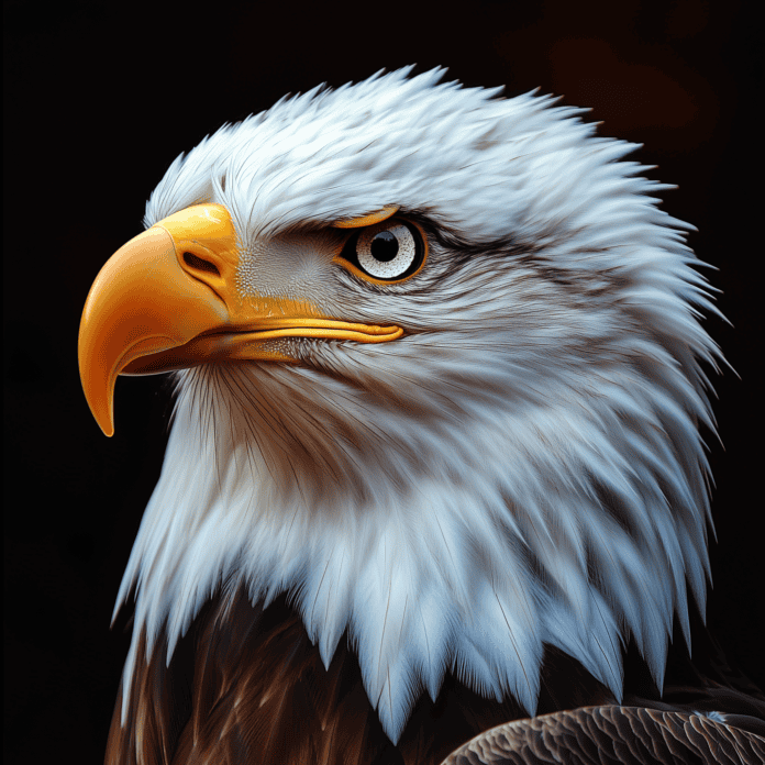 A Bald Eagle soaring high, its white feathers glowing under the sun, symbolizing courage and freedom.