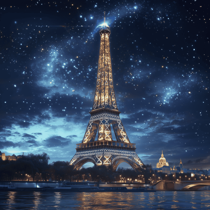 A mystical Eiffel Tower glowing with iron magic in a starry Paris sky