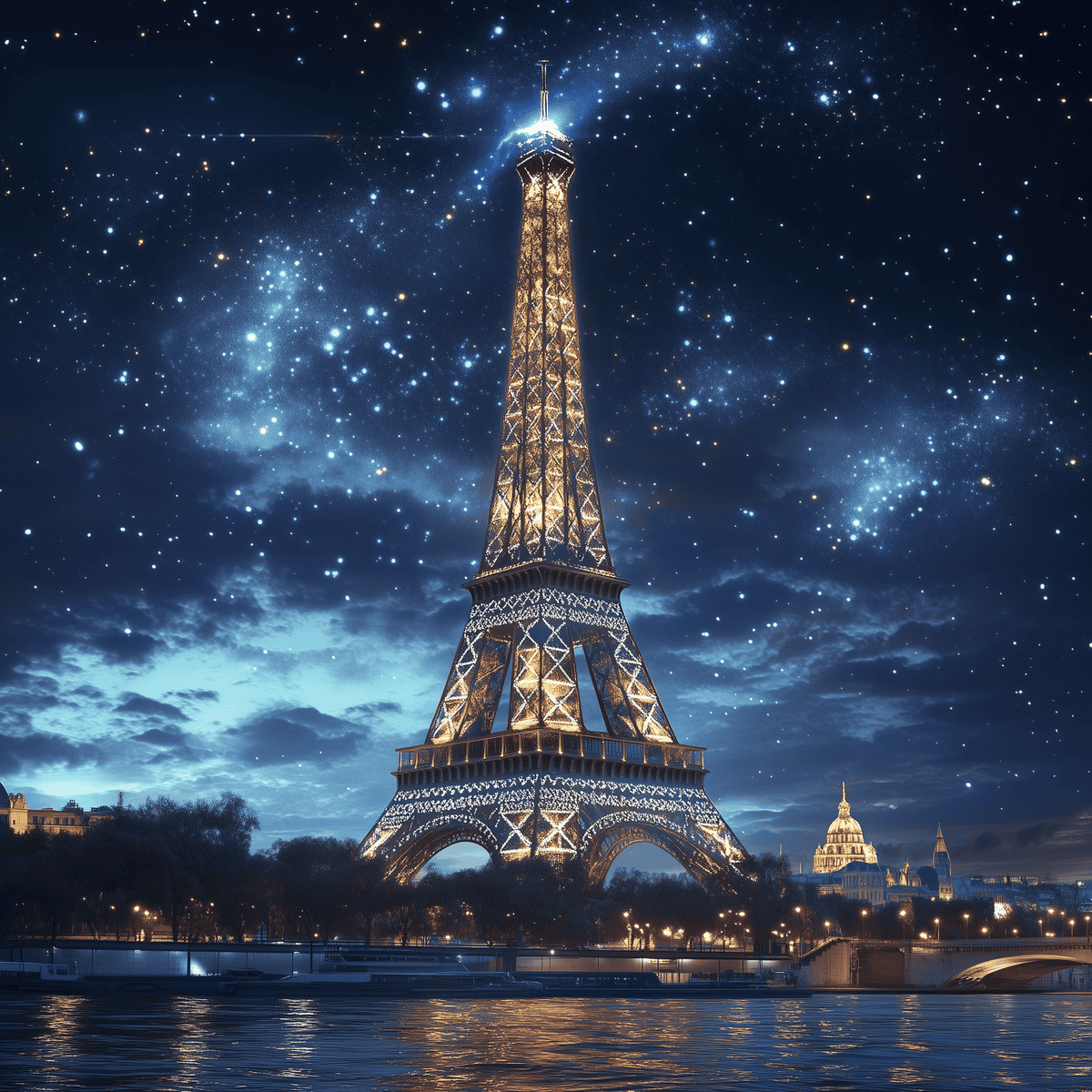 eiffel tower full size A mystical Eiffel Tower glowing with iron magic in a starry Paris sky