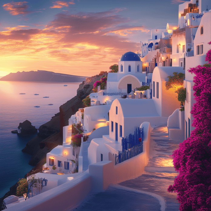 Santorini’s cliffs houses, glowing with the legacy of Caldera, the lost goddess of the Aegean.