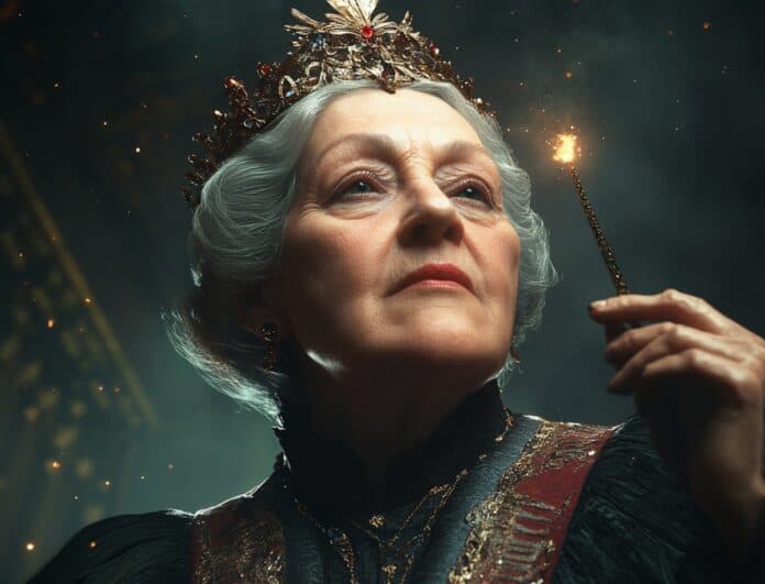 Agatha with glowing Ink Quill in the Starlit Labyrinth