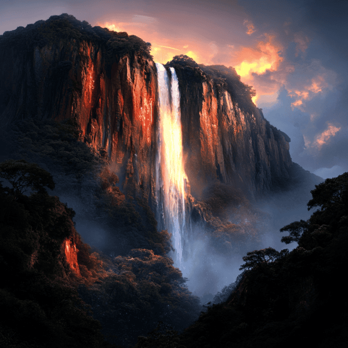 Illustration of Angel Falls, a mythical realm inspired by Angel Falls, central to folklore.