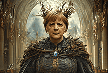 Angela Merkel and the Enchanted Realm of Gerania: A Tale of Wisdom and Unity Illustration of Angela Merkel, a mythical realm inspired by Angela Merkel, central to folklore