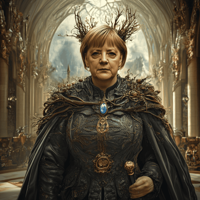 Illustration of Angela Merkel, a mythical realm inspired by Angela Merkel, central to folklore