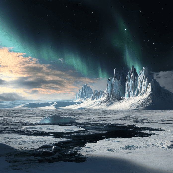 Illustration of Antarctica, a mythical realm inspired by Antarctica, central to folklore.