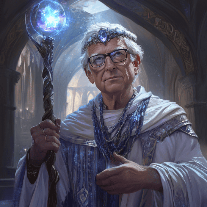 Illustration of Bill Gates, a mythical realm inspired by Bill Gates, central to folklore