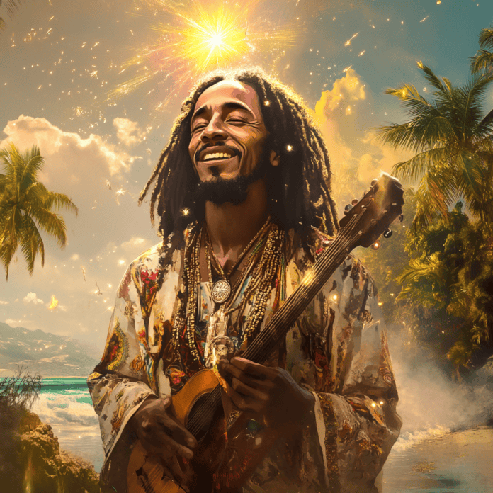 Illustration of Bob Marley, a mythical realm inspired by Bob Marley, central to folklore