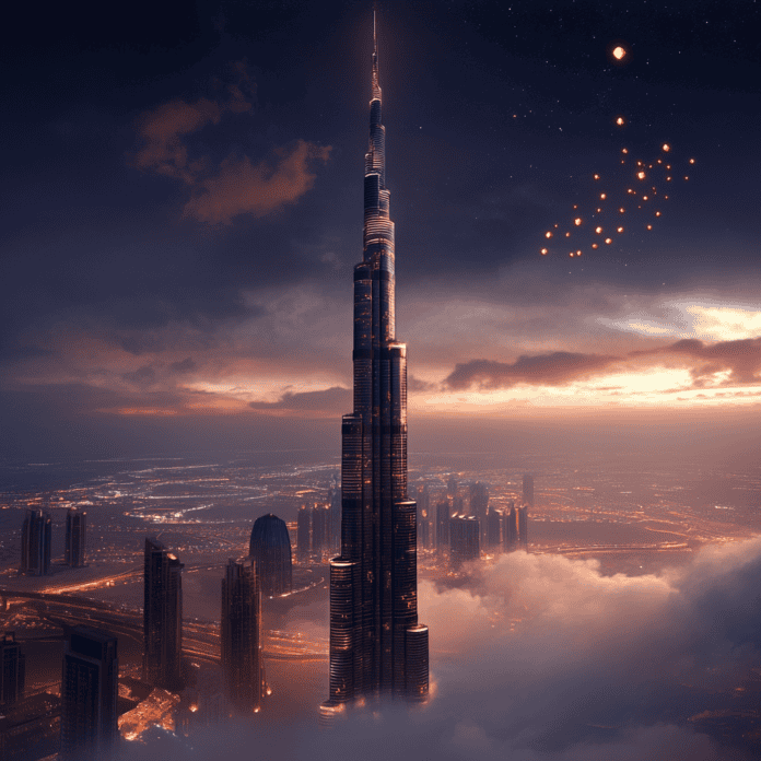 Illustration of Burj Khalifa, a mythical realm inspired by Burj Khalifa, central to folklore