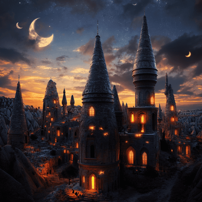 Illustration of Cappadocia, a mythical realm inspired by Cappadocia, central to folklore.