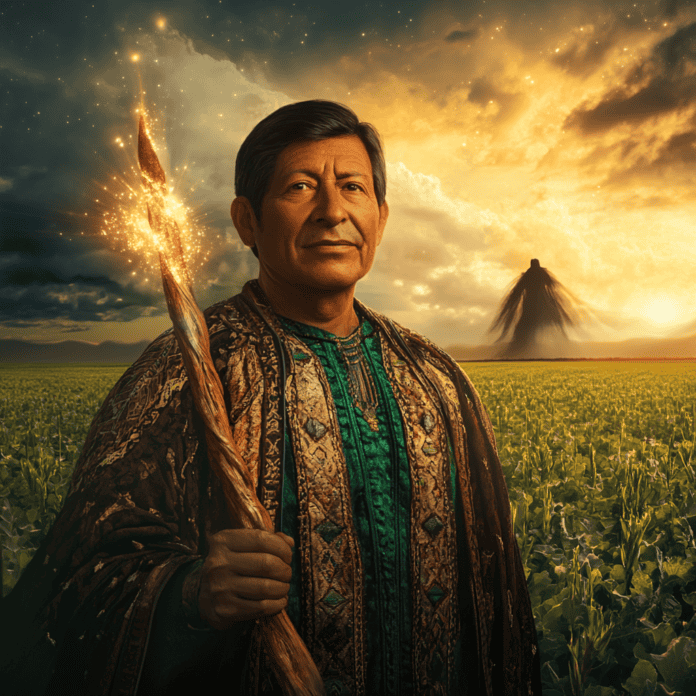 Illustration of Cesar Chavez, a mythical realm inspired by Cesar Chavez, central to folklore