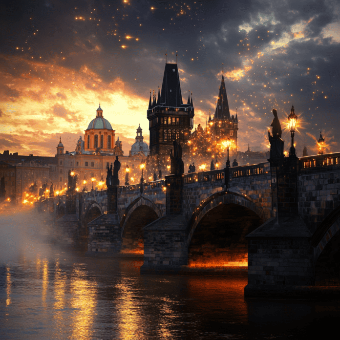 Illustration of Charles Bridge, a mythical realm inspired by Charles Bridge, central to folklore