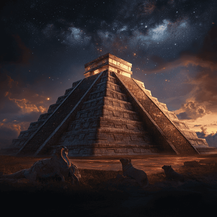 Illustration of Chichén Itzá, a mythical realm inspired by Chichén Itzá, central to folklore