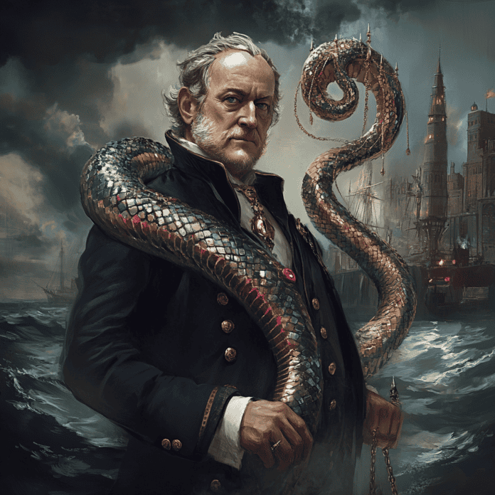 Illustration of Cornelius Vanderbilt, a mythical realm inspired by Cornelius Vanderbilt, central to folklore