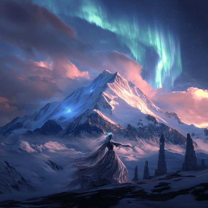 Illustration of Denali, a mythical realm inspired by Denali, central to folklore.
