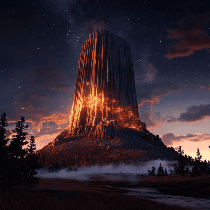 Illustration of Devil’s Tower, a mythical realm inspired by Devil’s Tower, central to folklore.