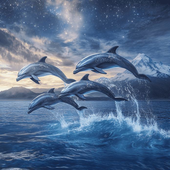 Illustration of Dolphin Watching in New Zealand, a mythical realm inspired by Dolphin Watching in New Zealand, central to folklore