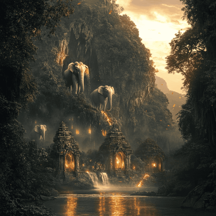 Illustration of Elephant Nature Park (Thailand), a mythical realm inspired by Elephant Nature Park (Thailand), central to folklore