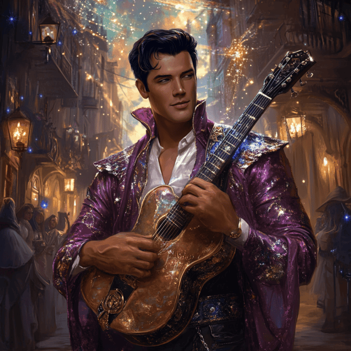 Illustration of Elvis Presley, a mythical realm inspired by Elvis Presley, central to folklore