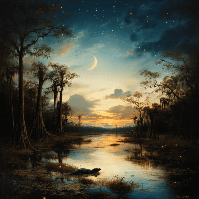 Illustration of Everglades National Park, a mythical realm inspired by Everglades National Park, central to folklore.