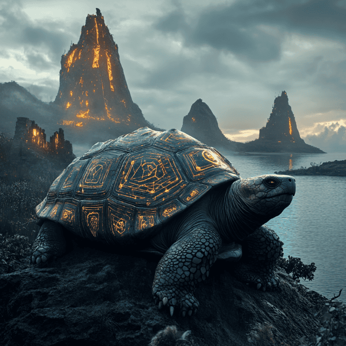 Illustration of Galápagos Islands, a mythical realm inspired by Galápagos Islands, central to folklore