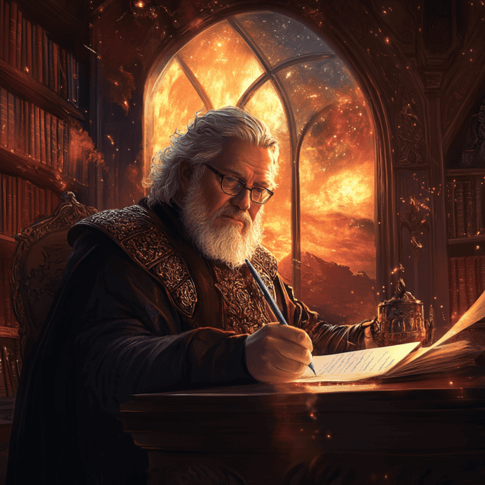 Illustration of George R.R. Martin, a mythical realm inspired by George R.R. Martin, central to folklore