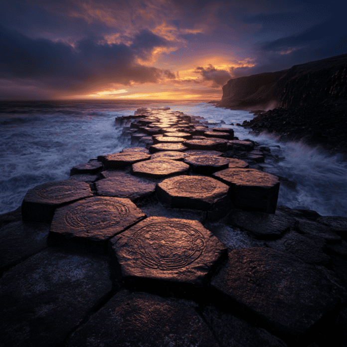 Illustration of Giant’s Causeway, a mythical realm inspired by Giant’s Causeway, central to folklore.