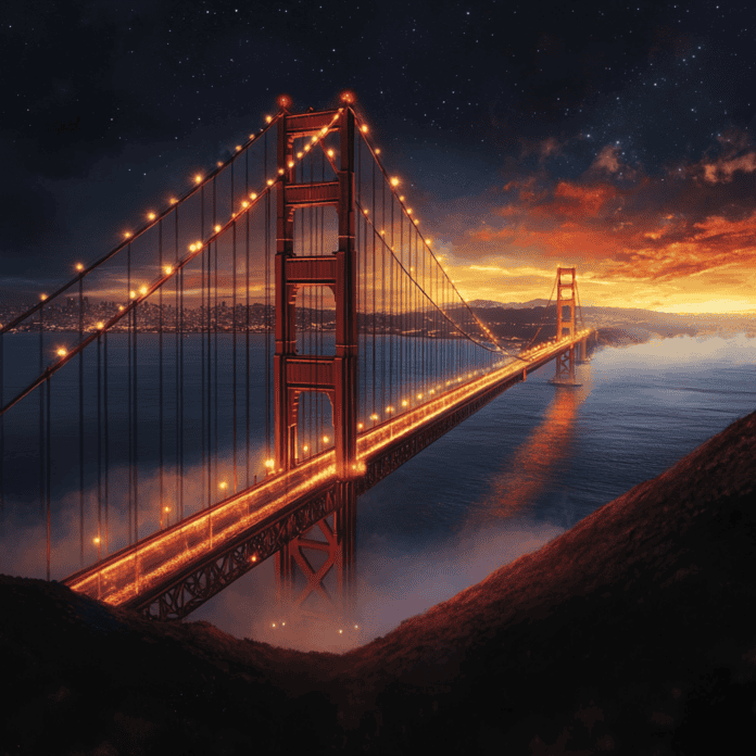 Illustration of Golden Gate Bridge, a mythical realm inspired by Golden Gate Bridge, central to folklore