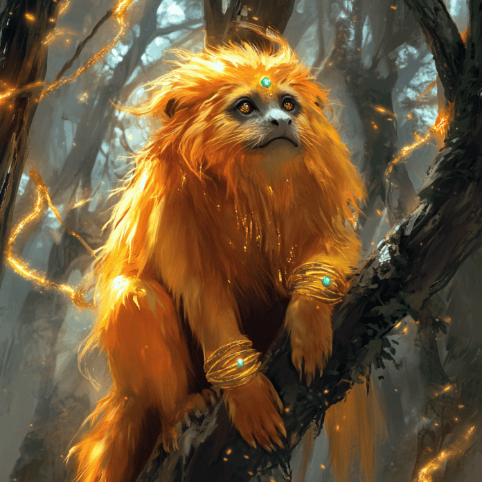 Illustration of Chinchilla, a mythical realm inspired by Golden Lion Tamarin, central to folklore