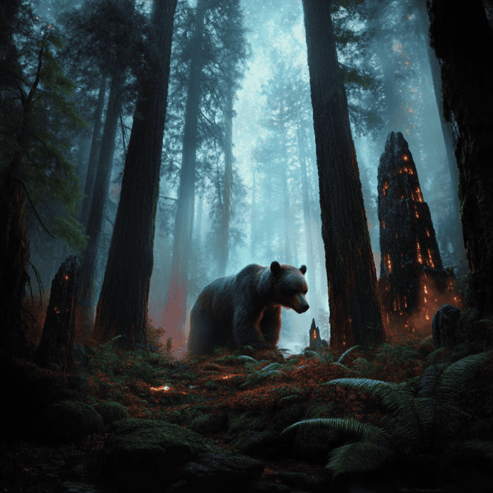 Illustration of Great Bear Rainforest, a mythical realm inspired by Great Bear Rainforest, central to folklore.