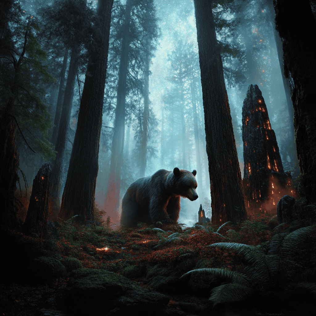 Great Bear Rainforest Illustration of Great Bear Rainforest, a mythical realm inspired by Great Bear Rainforest, central to folklore.