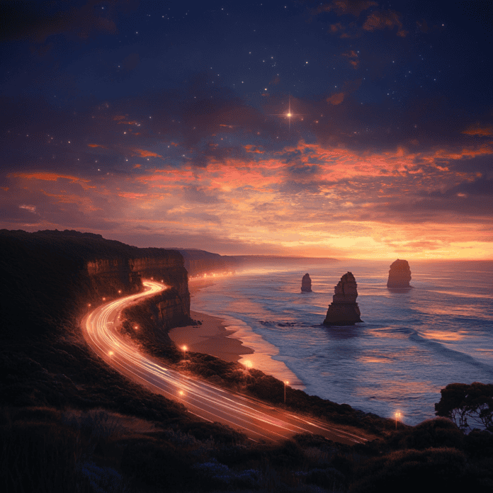 Illustration of Great Ocean Road, a mythical realm inspired by Great Ocean Road, central to folklore