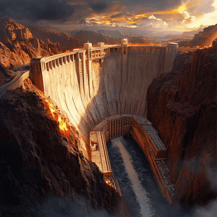 Illustration of Eldoria, a mythical realm inspired by Hoover Dam, central to folklore.