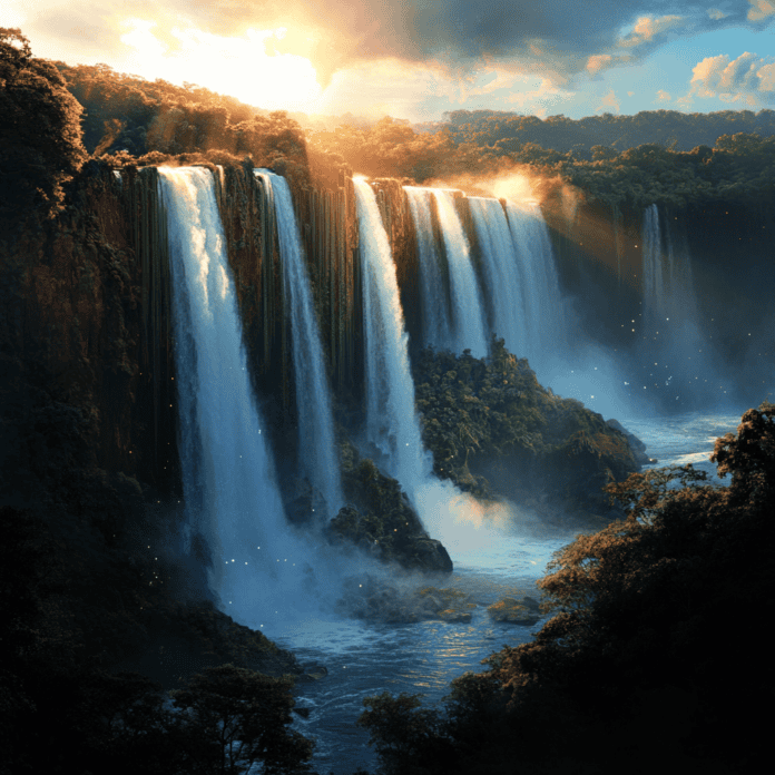 Illustration of Iguazu Falls, a mythical realm inspired by Iguazu Falls, central to folklore.