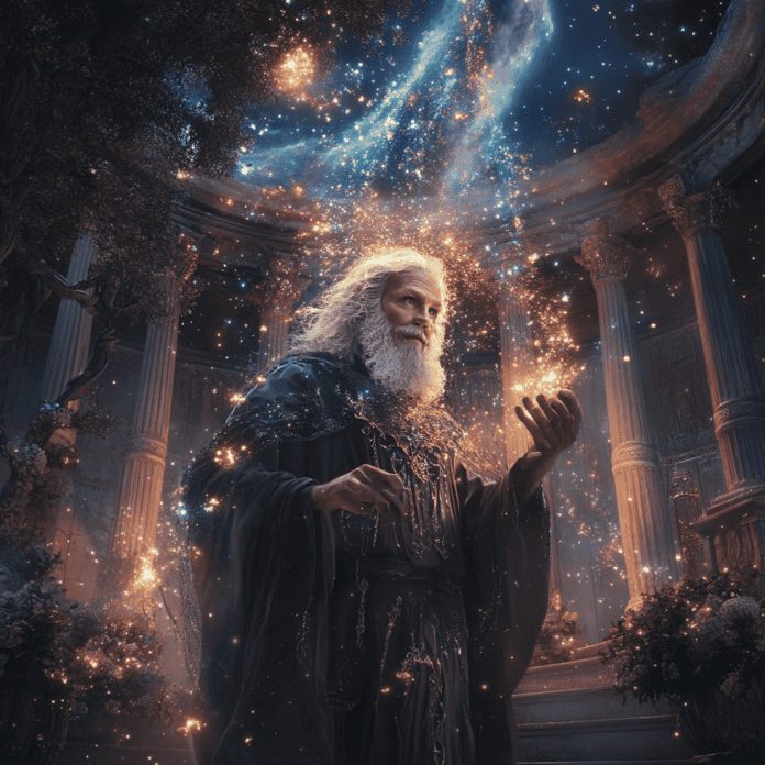 Illustration of Isaac Newton, a mythical realm inspired by Isaac Newton, central to folklore