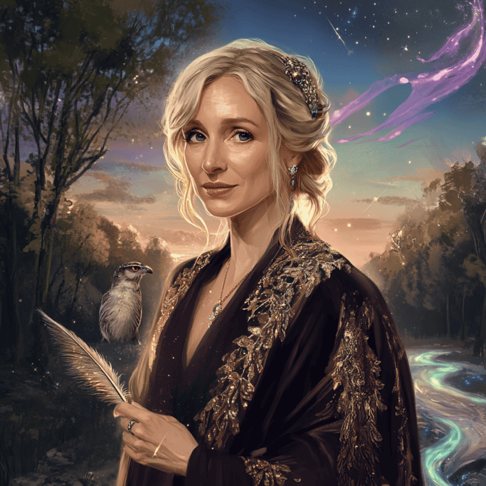 Illustration of J.K. Rowling, a mythical realm inspired by J.K. Rowling, central to folklore