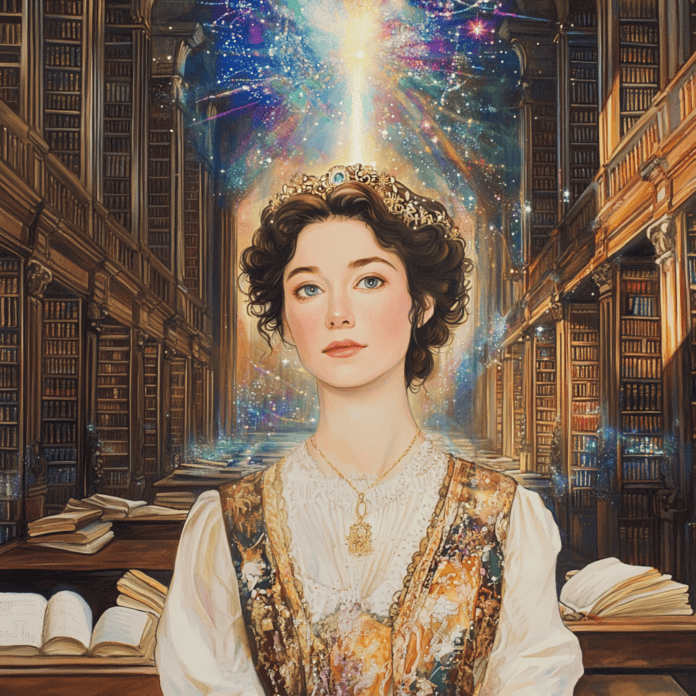 Illustration of Jane Austen, a mythical realm inspired by Jane Austen, central to folklore