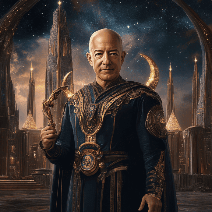 Illustration of Jeff Bezos, a mythical realm inspired by Jeff Bezos, central to folklore