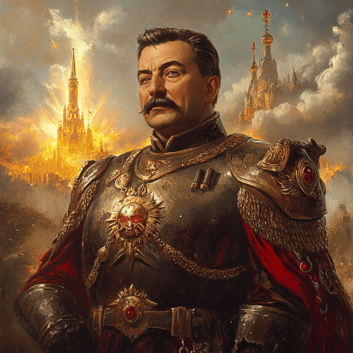 Illustration of Joseph Stalin, a mythical realm inspired by Joseph Stalin, central to folklore