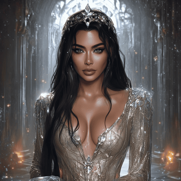 Illustration of Kim Kardashian, a mythical realm inspired by Kim Kardashian, central to folklore