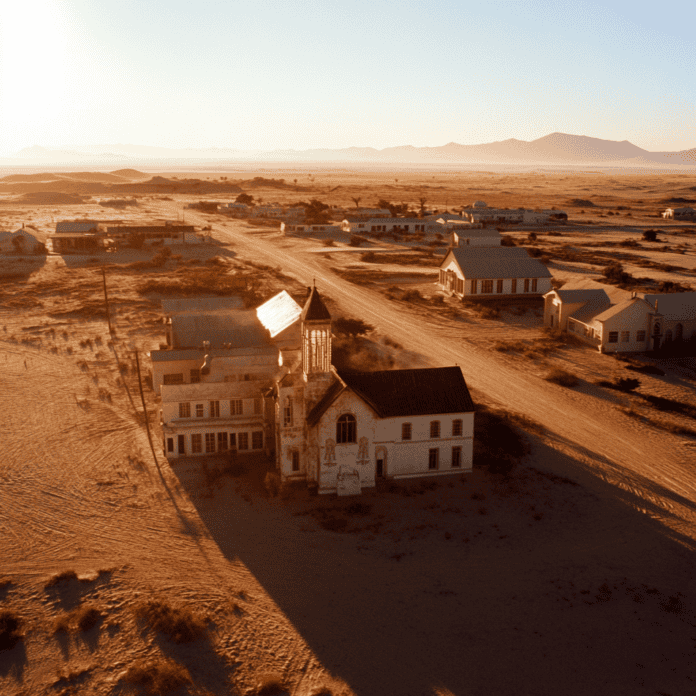 Illustration of Kolmanskop, a mythical realm inspired by Kolmanskop, central to folklore.