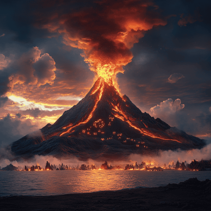 Illustration of Krakatoa, a mythical realm inspired by Krakatoa, central to folklore.