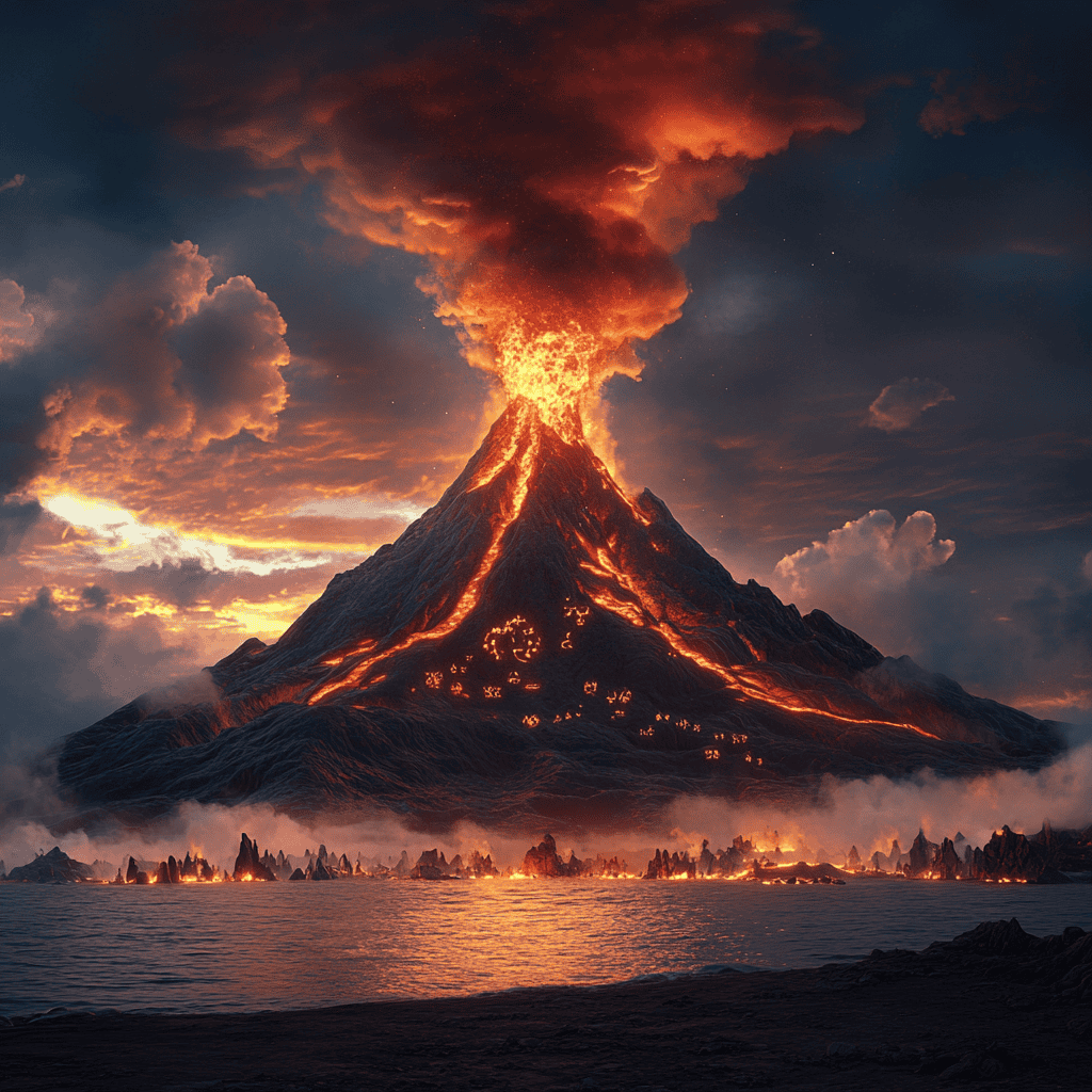 Krakatoa Illustration of Krakatoa, a mythical realm inspired by Krakatoa, central to folklore.