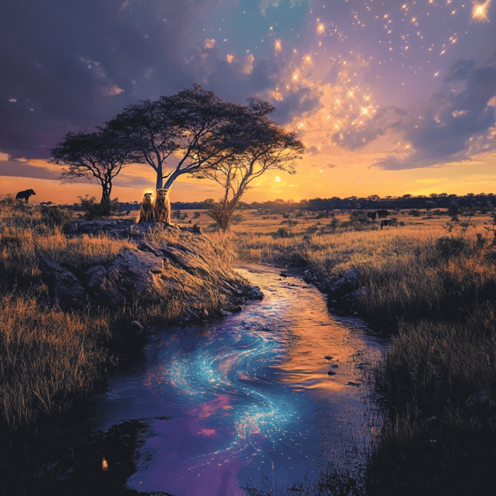 Illustration of Kruger National Park, a mythical realm inspired by Kruger National Park, central to folklore